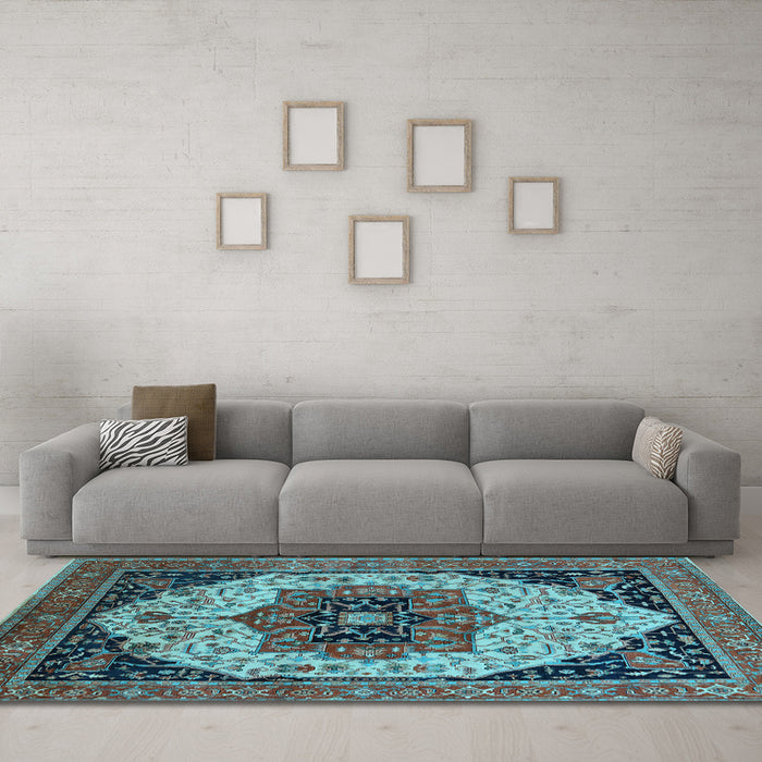 Machine Washable Oriental Light Blue Industrial Rug in a Living Room, wshurb2638lblu