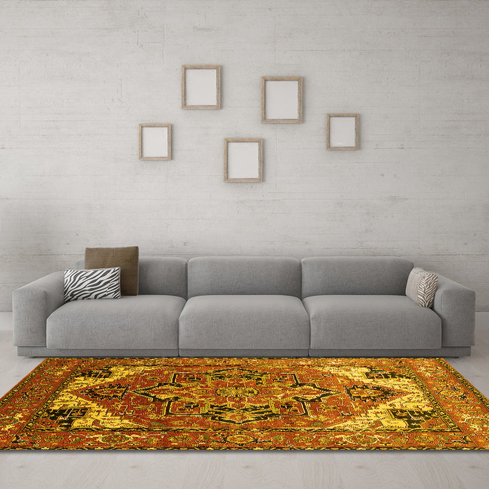 Machine Washable Oriental Yellow Industrial Rug in a Living Room, wshurb2639yw