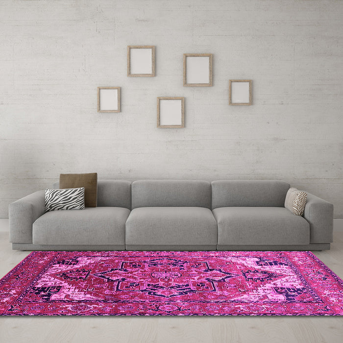 Machine Washable Oriental Pink Industrial Rug in a Living Room, wshurb2639pnk
