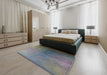 Mid-Century Modern Marble Blue Oriental Rug in a Bedroom, urb2644