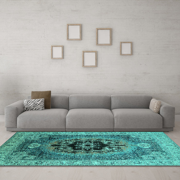 Machine Washable Oriental Turquoise Industrial Area Rugs in a Living Room,, wshurb2650turq