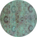 Round Machine Washable Oriental Turquoise Industrial Area Rugs, wshurb2654turq