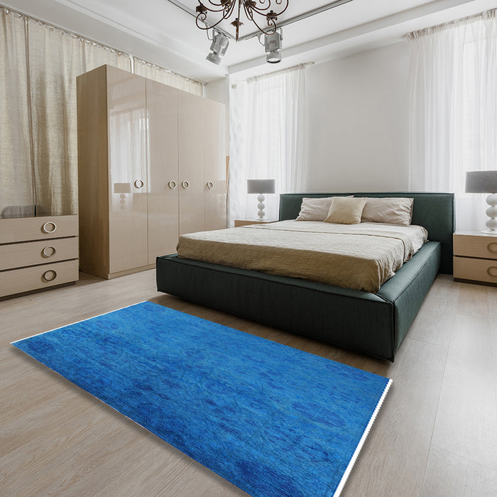 Mid-Century Modern Neon Blue Oriental Rug in a Bedroom, urb2657