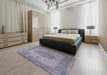 Mid-Century Modern Slate Blue Grey Oriental Rug in a Bedroom, urb2669