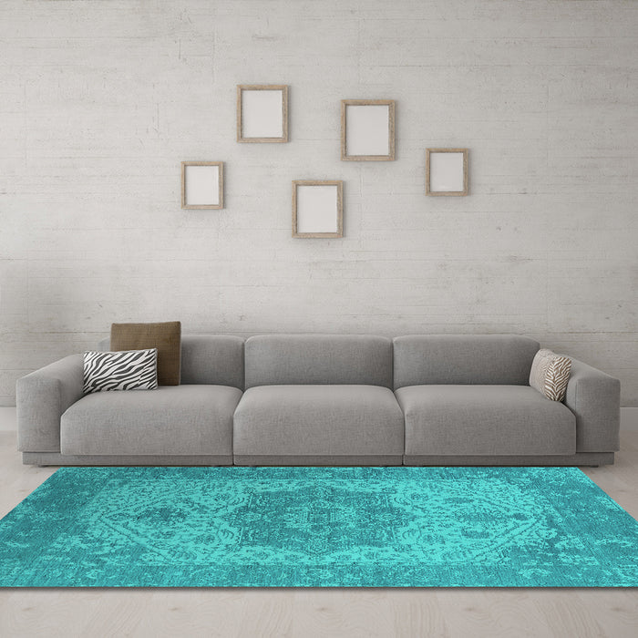 Machine Washable Oriental Turquoise Industrial Area Rugs in a Living Room,, wshurb2669turq