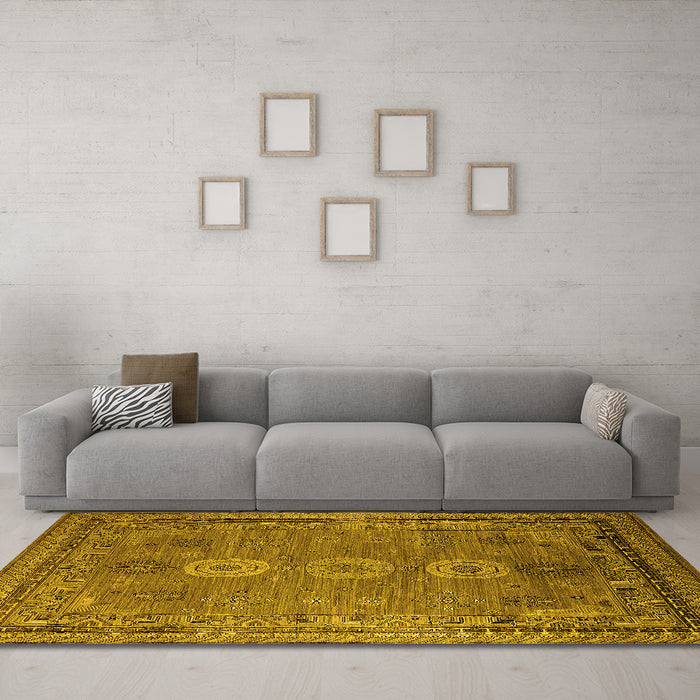 Machine Washable Oriental Yellow Industrial Rug in a Living Room, wshurb2674yw