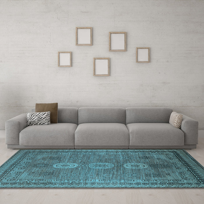 Machine Washable Oriental Light Blue Industrial Rug in a Living Room, wshurb2674lblu