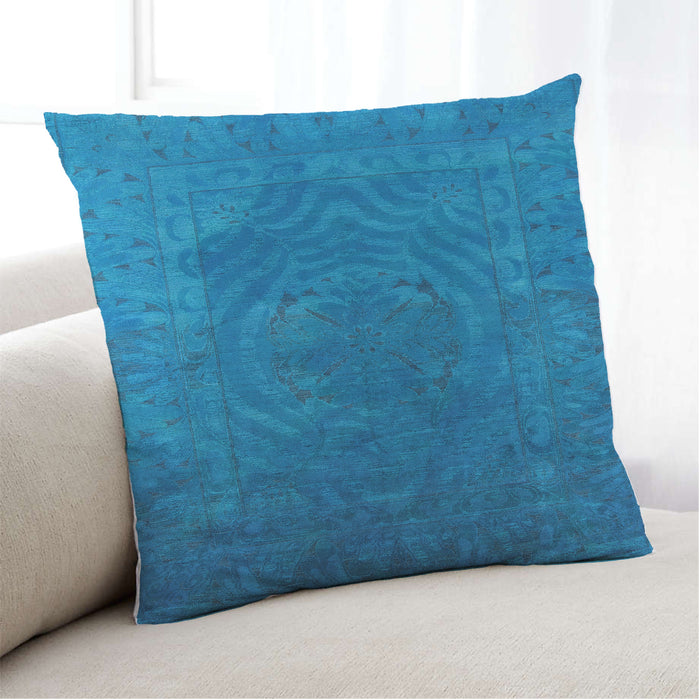 Lifestyle Image of Mid-Century Modern Urban Square Deep Sky Blue Throw Pillow, 18 inch by 18 inch, pwurb2675