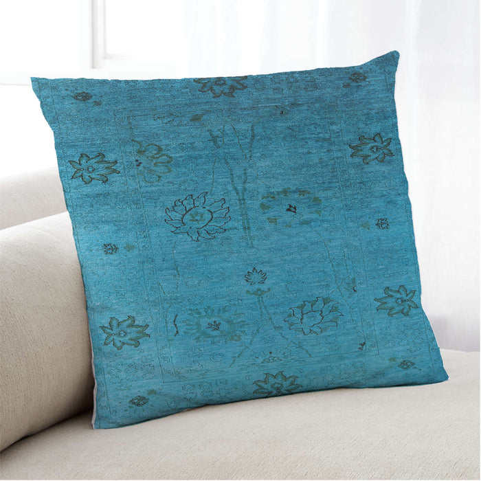 Lifestyle Image of Mid-Century Modern Urban Square Deep Sky Blue Throw Pillow, 18 inch by 18 inch, pwurb2679