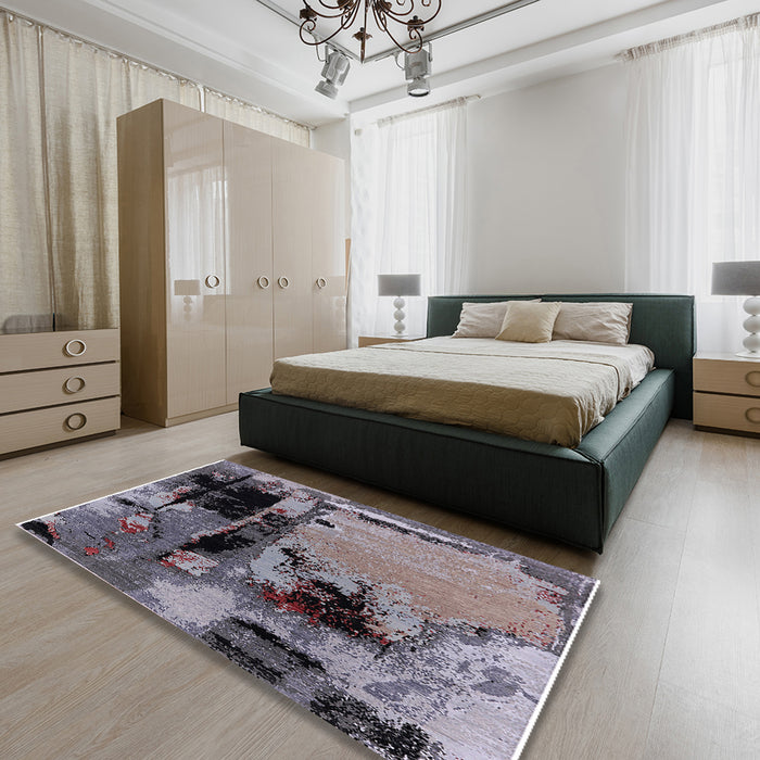 Mid-Century Modern Plum Purple Oriental Rug in a Bedroom, urb2684