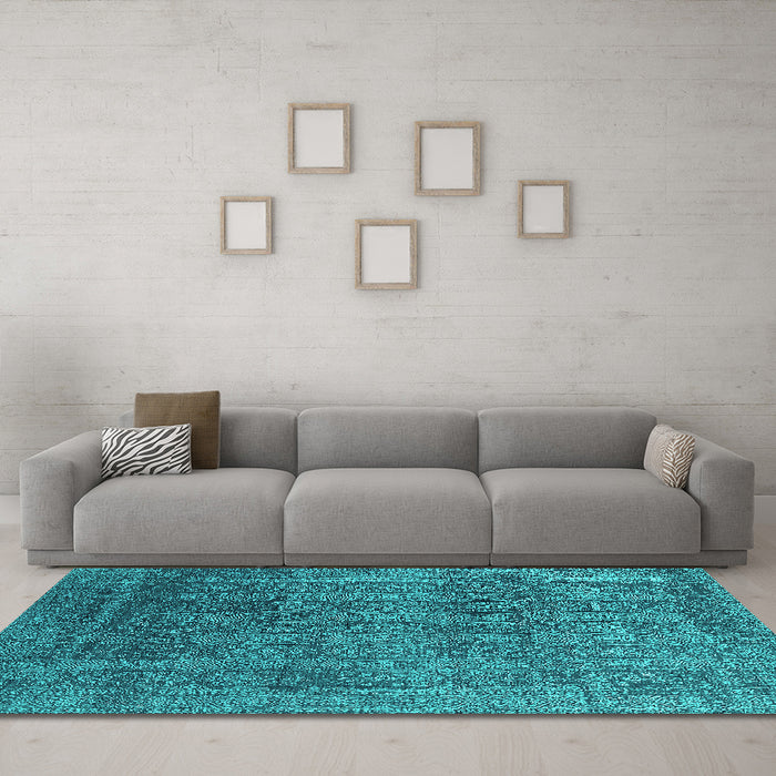 Machine Washable Oriental Turquoise Industrial Area Rugs in a Living Room,, wshurb2689turq