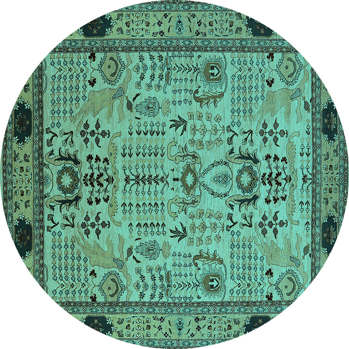 Round Machine Washable Oriental Turquoise Traditional Area Rugs, wshurb2691turq