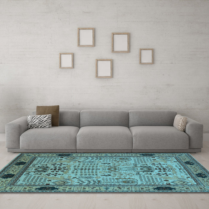 Machine Washable Oriental Light Blue Traditional Rug in a Living Room, wshurb2691lblu
