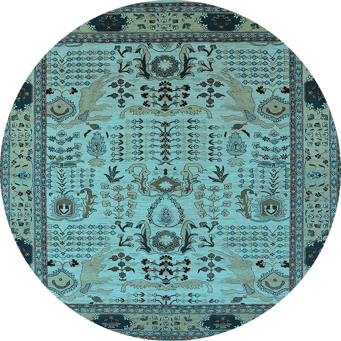 Round Machine Washable Oriental Light Blue Traditional Rug, wshurb2691lblu