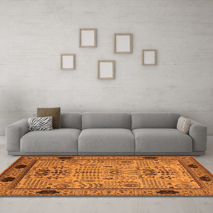 Machine Washable Oriental Orange Traditional Area Rugs in a Living Room, wshurb2691org