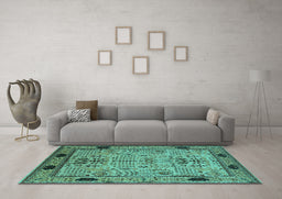Machine Washable Oriental Turquoise Traditional Area Rugs in a Living Room,, wshurb2691turq