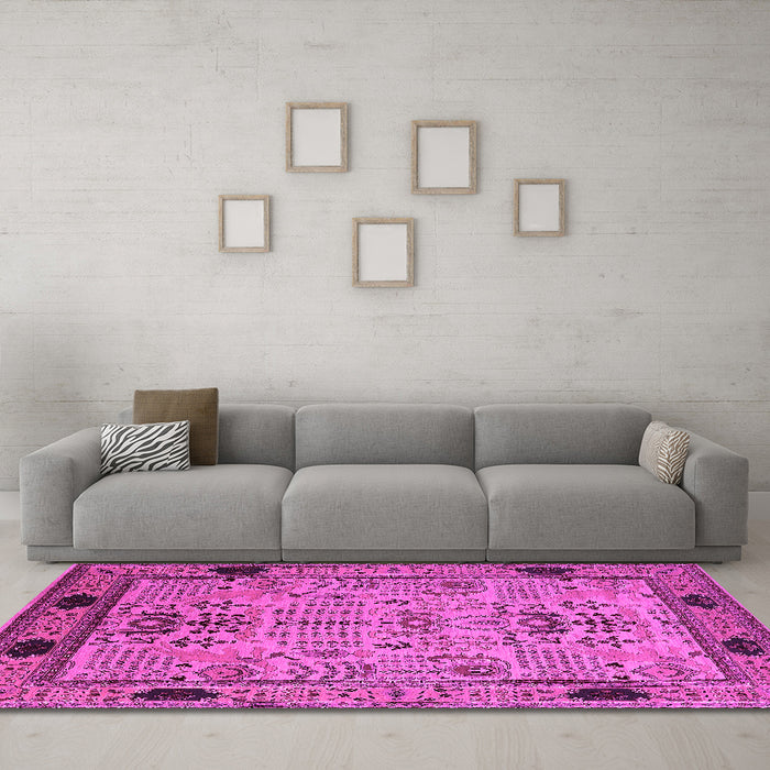Machine Washable Oriental Pink Traditional Rug in a Living Room, wshurb2691pnk