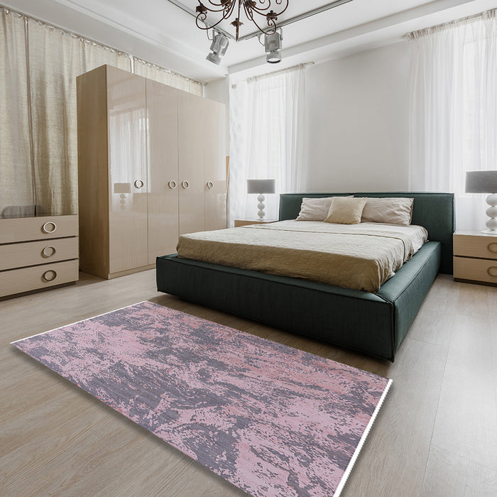 Mid-Century Modern Pastel Violet Purple Oriental Rug in a Bedroom, urb2693