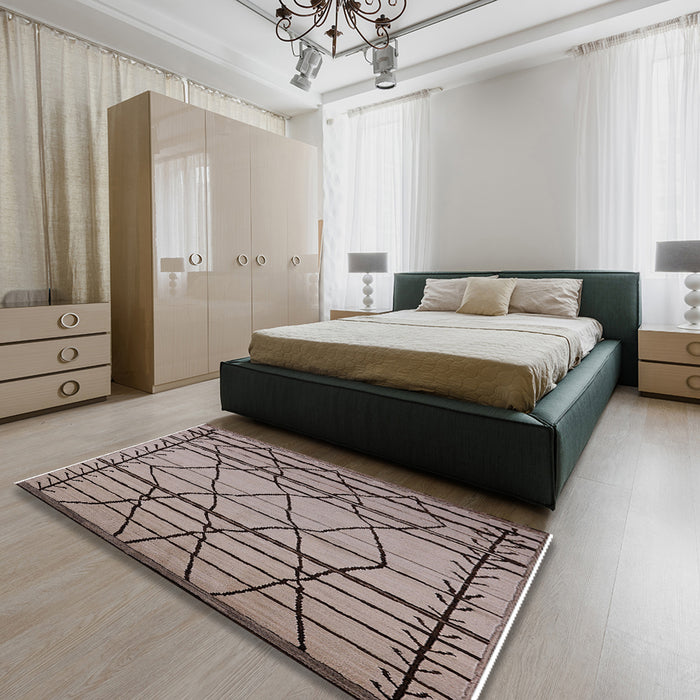 Mid-Century Modern Khaki Rose Pink Solid Rug in a Bedroom, urb2700