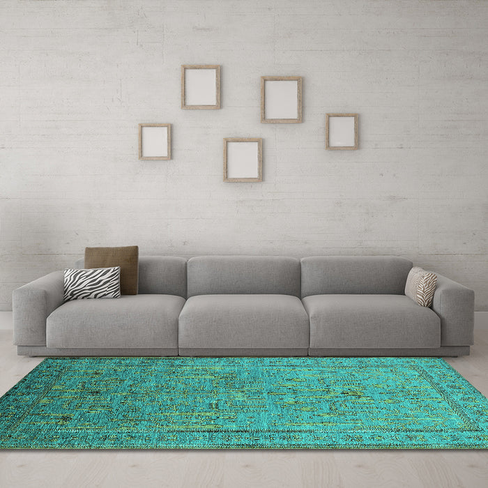 Machine Washable Oriental Turquoise Industrial Area Rugs in a Living Room,, wshurb2703turq