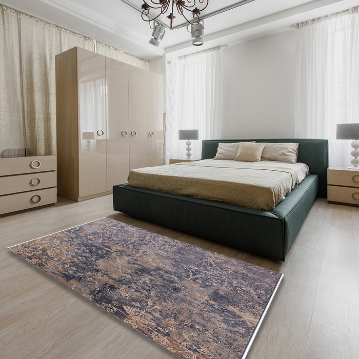 Mid-Century Modern Carbon Gray Oriental Rug in a Bedroom, urb2704