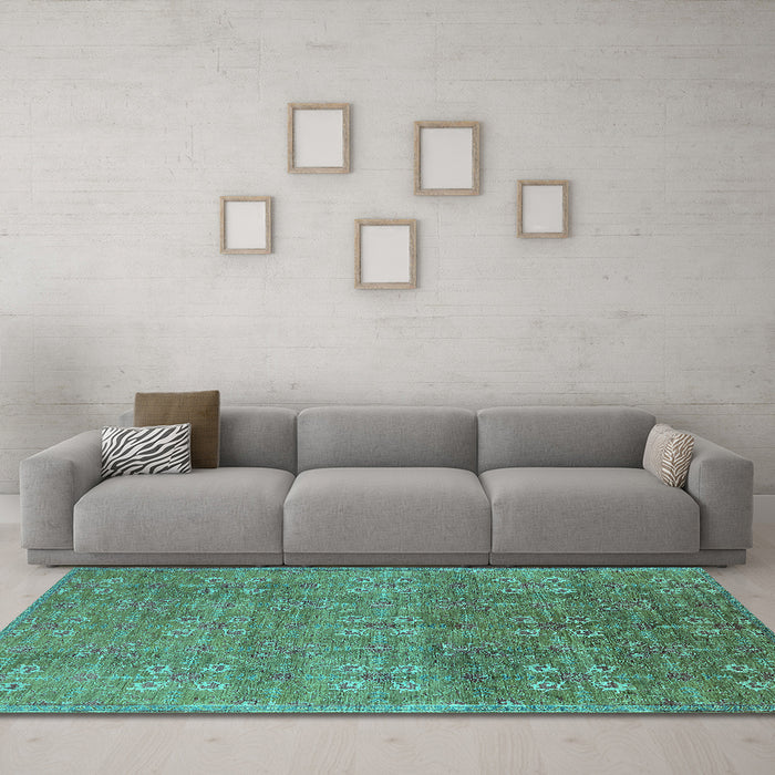 Machine Washable Oriental Turquoise Industrial Area Rugs in a Living Room,, wshurb2709turq