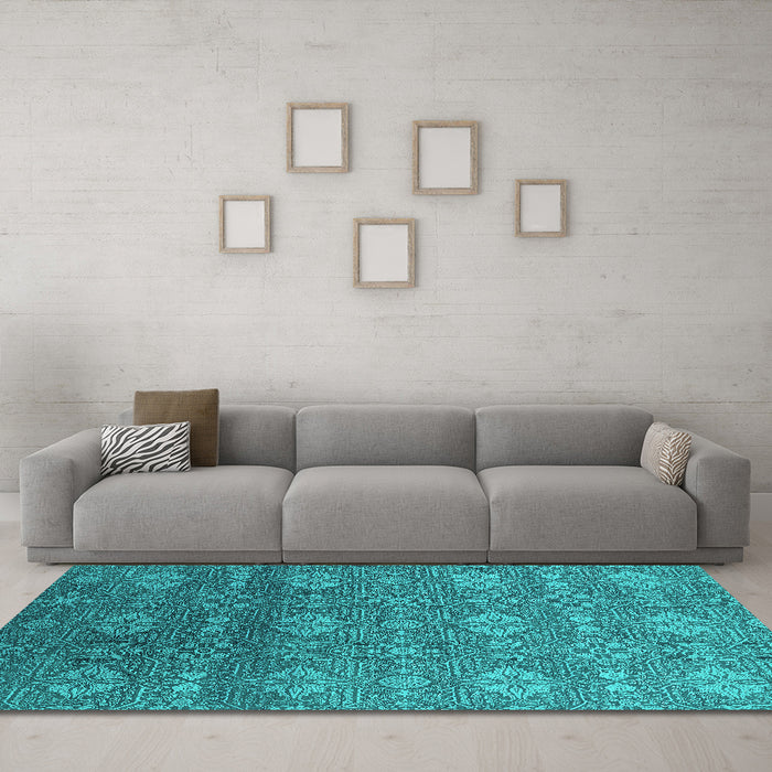 Machine Washable Oriental Turquoise Industrial Area Rugs in a Living Room,, wshurb2710turq