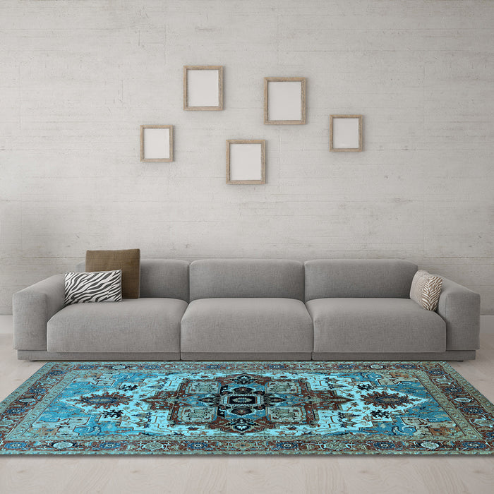 Machine Washable Oriental Light Blue Industrial Rug in a Living Room, wshurb2723lblu