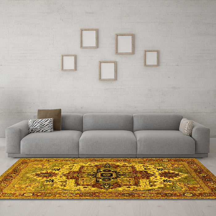 Machine Washable Oriental Yellow Industrial Rug in a Living Room, wshurb2723yw