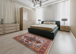 Mid-Century Modern Light French Beige Brown Oriental Rug in a Bedroom, urb2723