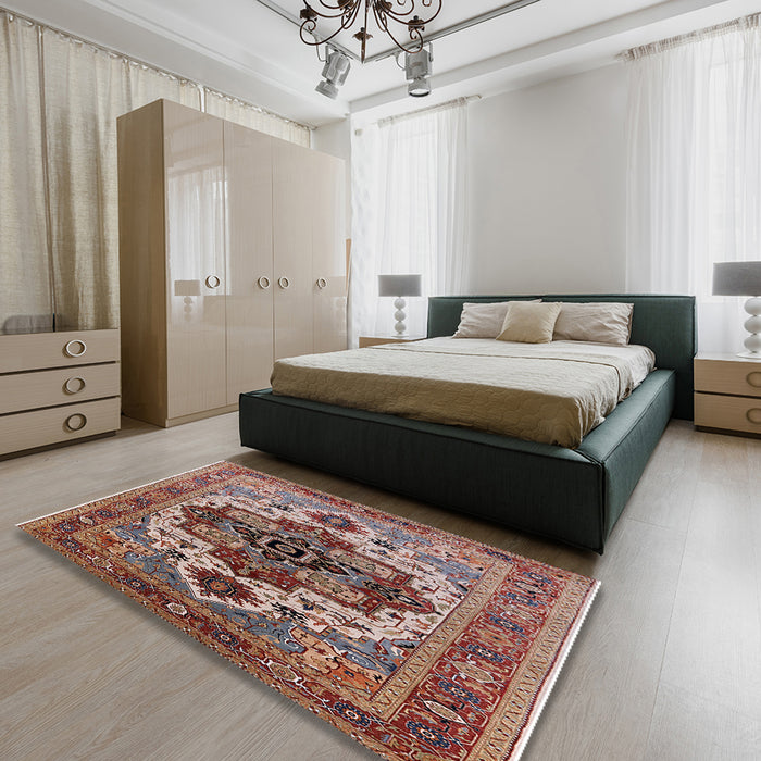 Mid-Century Modern Light French Beige Brown Oriental Rug in a Bedroom, urb2723