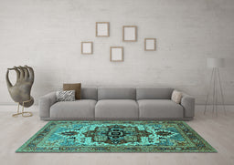 Machine Washable Oriental Turquoise Industrial Area Rugs in a Living Room,, wshurb2723turq