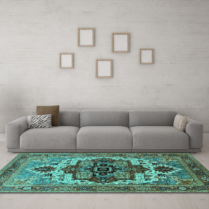 Machine Washable Oriental Turquoise Industrial Area Rugs in a Living Room,, wshurb2723turq
