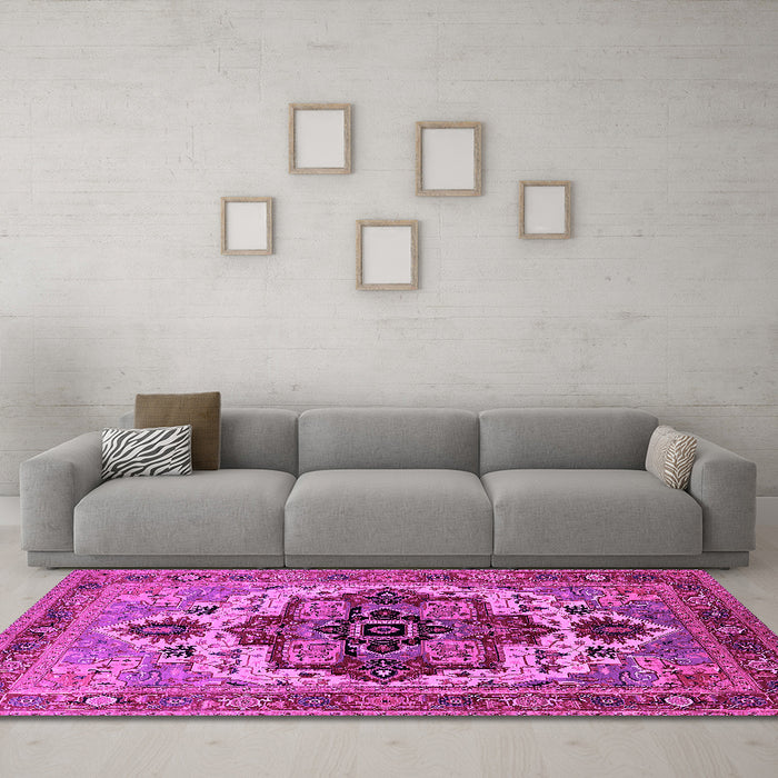Machine Washable Oriental Pink Industrial Rug in a Living Room, wshurb2723pnk