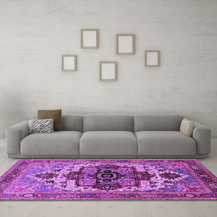 Machine Washable Oriental Purple Industrial Area Rugs in a Living Room, wshurb2723pur