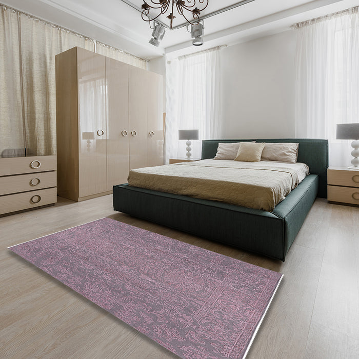 Mid-Century Modern Mauve Taupe Purple Oriental Rug in a Bedroom, urb2731