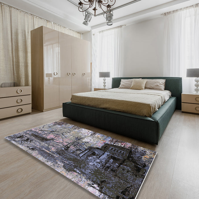 Mid-Century Modern Black Oriental Rug in a Bedroom, urb2741