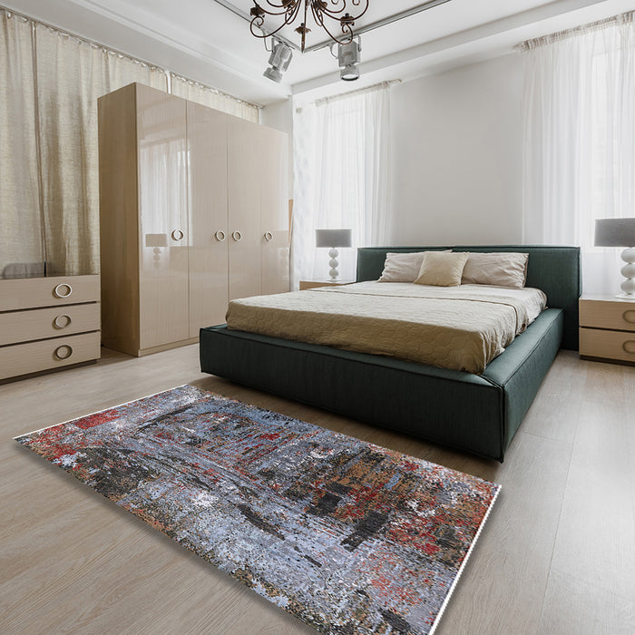 Mid-Century Modern Coffee Brown Oriental Rug in a Bedroom, urb2743
