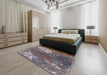 Mid-Century Modern Dark Gray Oriental Rug in a Bedroom, urb2745