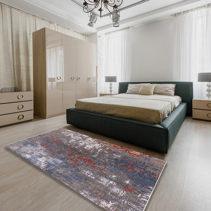 Mid-Century Modern Dark Gray Oriental Rug in a Bedroom, urb2745
