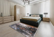 Mid-Century Modern Charcoal Gray Oriental Rug in a Bedroom, urb2746