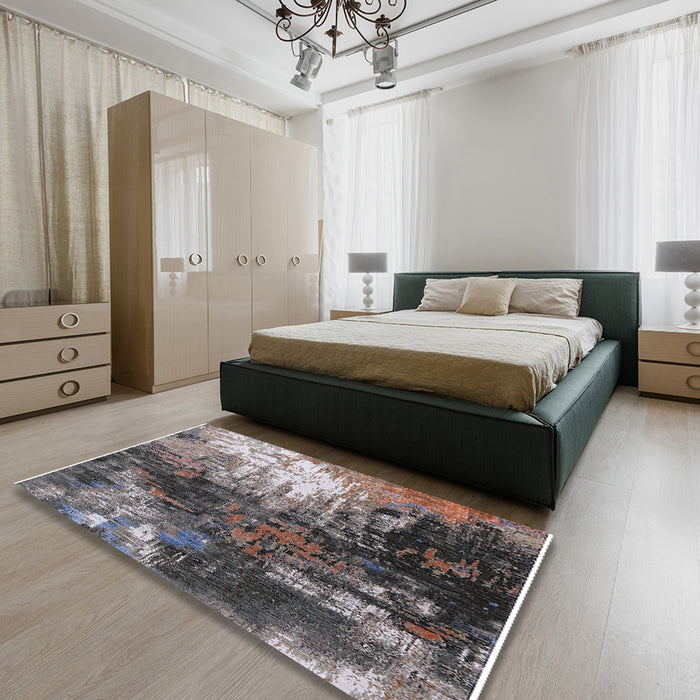 Machine Washable Industrial Modern Western Charcoal Gray Rug in a Bedroom, wshurb2746