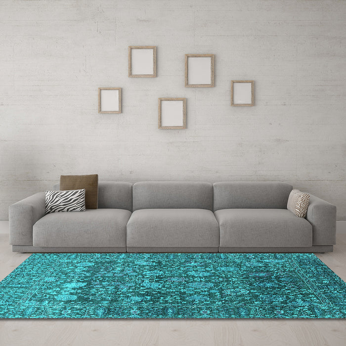 Machine Washable Oriental Turquoise Industrial Area Rugs in a Living Room,, wshurb2750turq