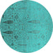 Round Machine Washable Oriental Turquoise Industrial Area Rugs, wshurb2756turq