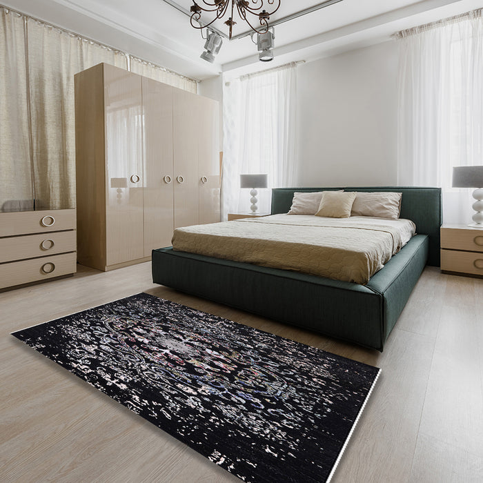 Mid-Century Modern Black Oriental Rug in a Bedroom, urb2761