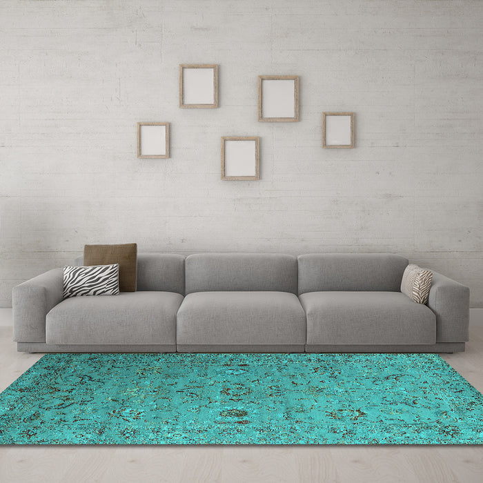 Machine Washable Oriental Turquoise Industrial Area Rugs in a Living Room,, wshurb2770turq