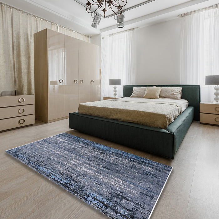 Mid-Century Modern Columbia Blue Oriental Rug in a Bedroom, urb2778