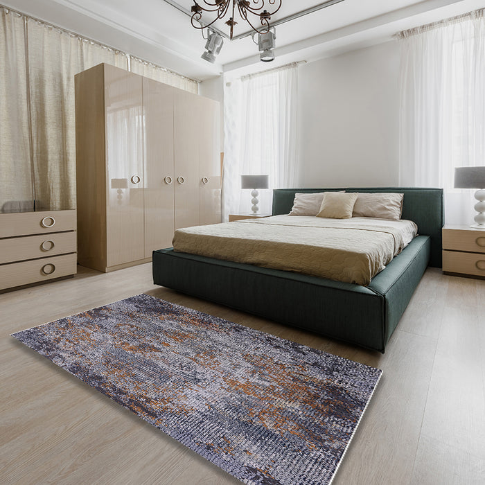 Mid-Century Modern Black Oriental Rug in a Bedroom, urb2781