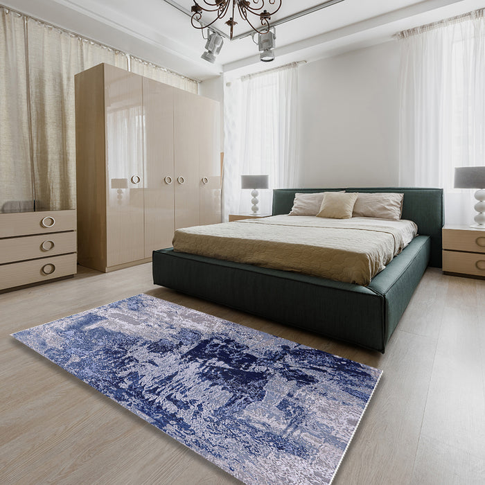 Mid-Century Modern Dark Slate Blue Purple Oriental Rug in a Bedroom, urb2783