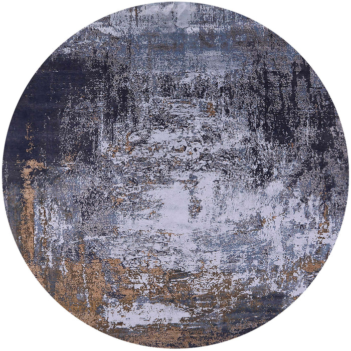 Round Mid-Century Modern Charcoal Blue Oriental Rug, urb2784